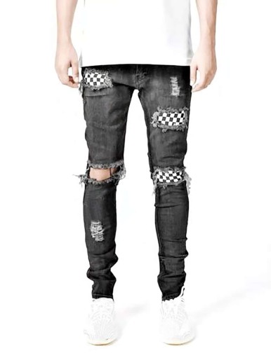 ROMWE Guys Checkerboard Patch Distressed Jeans