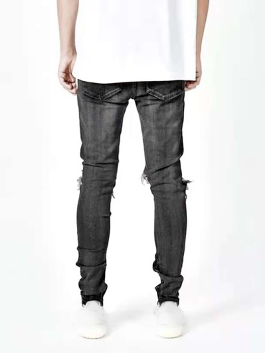 ROMWE Guys Checkerboard Patch Distressed Jeans