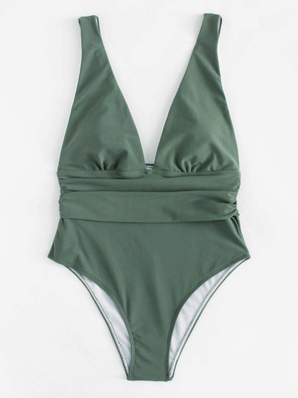 V Plunge Ruched High Cut One Piece Swimsuit