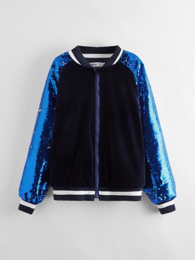 SHEIN Girls Sequin Sleeve Bomber Velvet Jacket