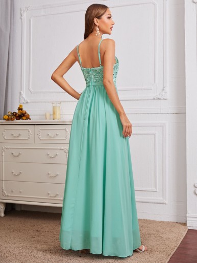 Contrast Lace Zip Back Maxi Prom Dress