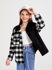 SHEIN Girls Gingham Spliced Flap Pocket Overcoat