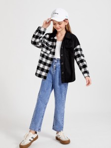 SHEIN Girls Gingham Spliced Flap Pocket Overcoat