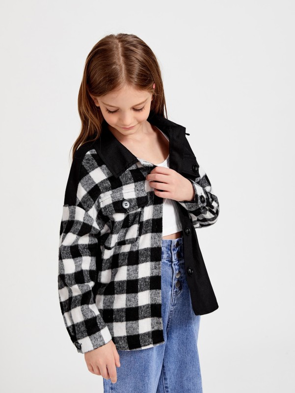 SHEIN Girls Gingham Spliced Flap Pocket Overcoat