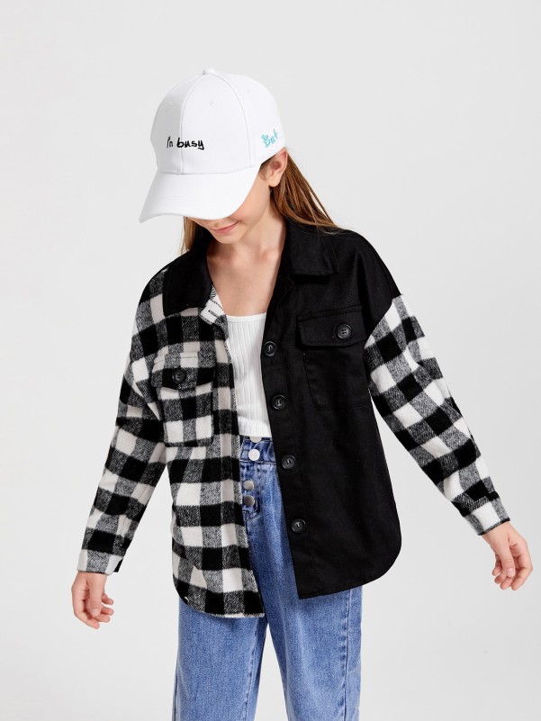 SHEIN Girls Gingham Spliced Flap Pocket Overcoat