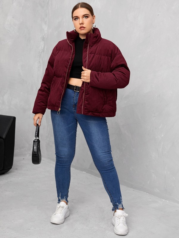 SHEIN Plus O-ring Zipper Front Cord Puffer Jacket