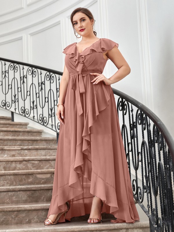 Plus Ruffle Trim Belted Wrap Chiffon Dress