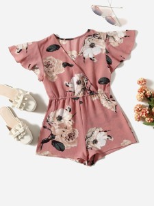 SHEIN Girls Floral Print Flutter Sleeve Romper