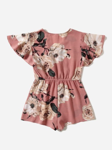 SHEIN Girls Floral Print Flutter Sleeve Romper