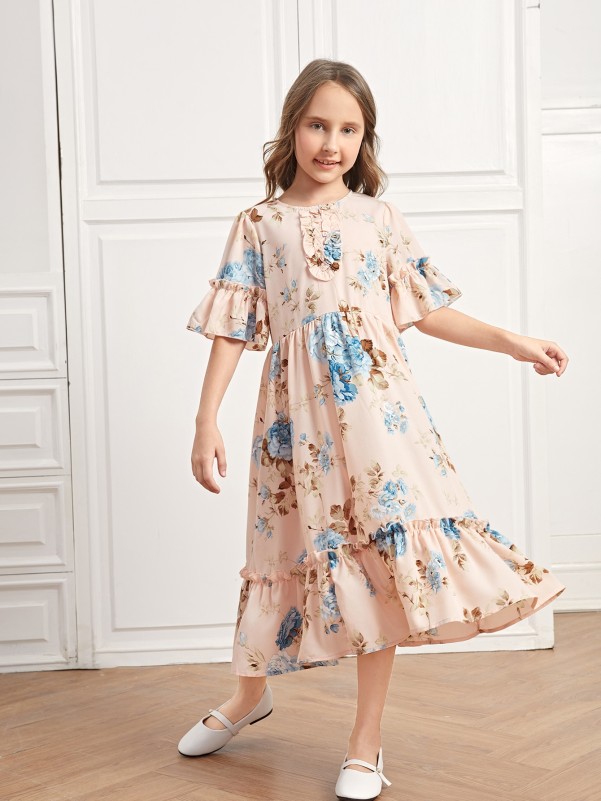 SHEIN Girls Flounce Sleeve Ruffle Hem Floral Dress