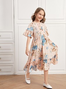 SHEIN Girls Flounce Sleeve Ruffle Hem Floral Dress