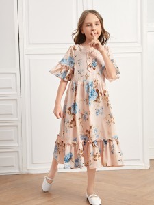 SHEIN Girls Flounce Sleeve Ruffle Hem Floral Dress