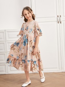 SHEIN Girls Flounce Sleeve Ruffle Hem Floral Dress