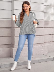 Plus Striped V Neck Blouse