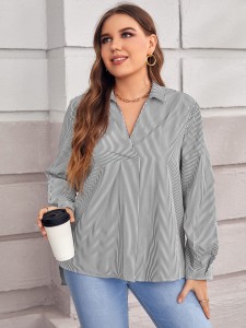 Plus Striped V Neck Blouse