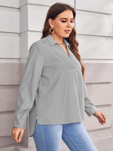 Plus Striped V Neck Blouse