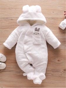 Baby Flannel 3D Ear Design Hooded Footed Jumpsuit