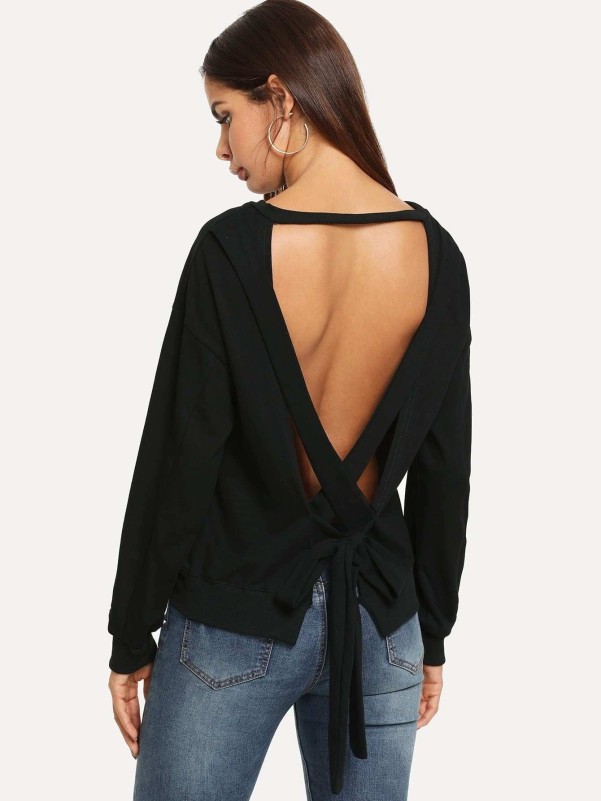 Plain Cut Out Back Knot Sweatshirt