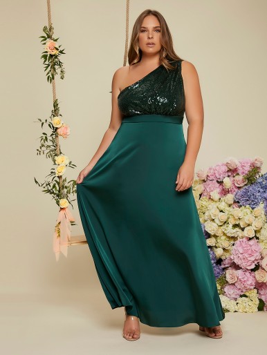 SHEIN Belle Plus Sequin Insert One Shoulder Satin Prom Dress