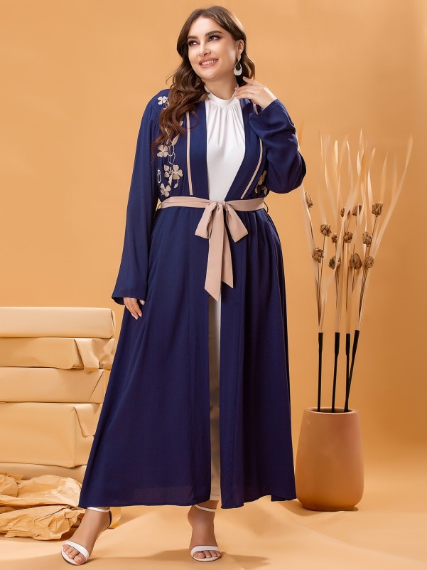 SHEIN Najma Plus Floral Embroidery Belted Abaya