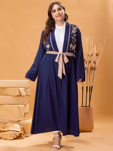 SHEIN Najma Plus Floral Embroidery Belted Abaya