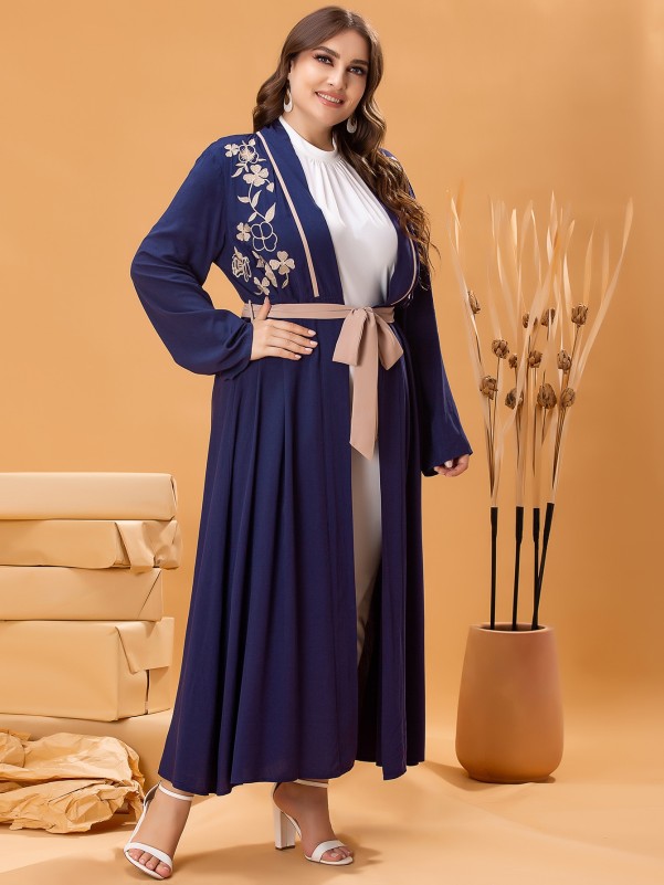 SHEIN Najma Plus Floral Embroidery Belted Abaya