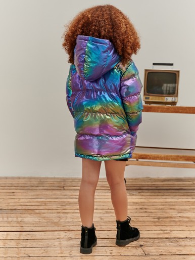 SHEIN Girls Holographic Flap Pocket Zipper Hooded Coat