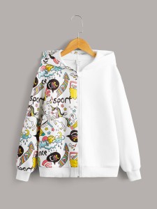 SHEIN Girls Cartoon & Letter Graphic Zip Up Hoodie