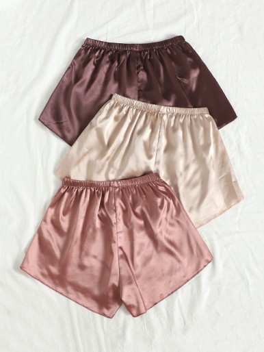 3pcs Solid Satin Sleep Shorts