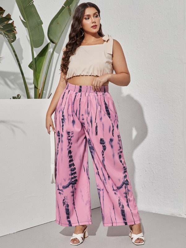 Plus Tie Dye Shirred Waist Wide Leg Pants