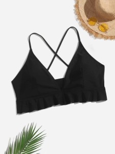 Plus Ruffle Hem Cross Back Bikini Top