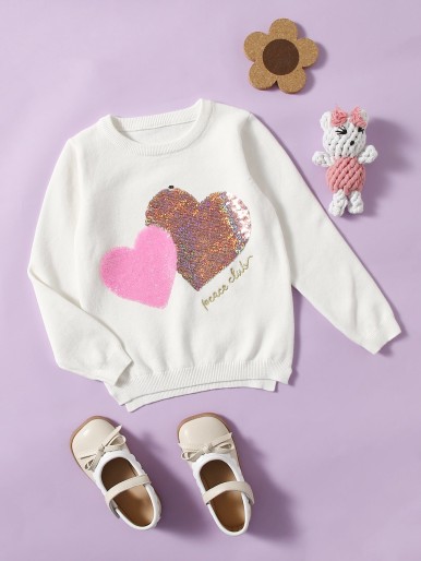 Toddler Girls Heart Sequin Letter Embroidery Sweater