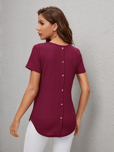 EMERY ROSE Buttoned Back Rib-knit Curved Hem Top
