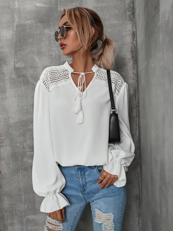 White Flounce Sleeve Blouse with Tie Neck