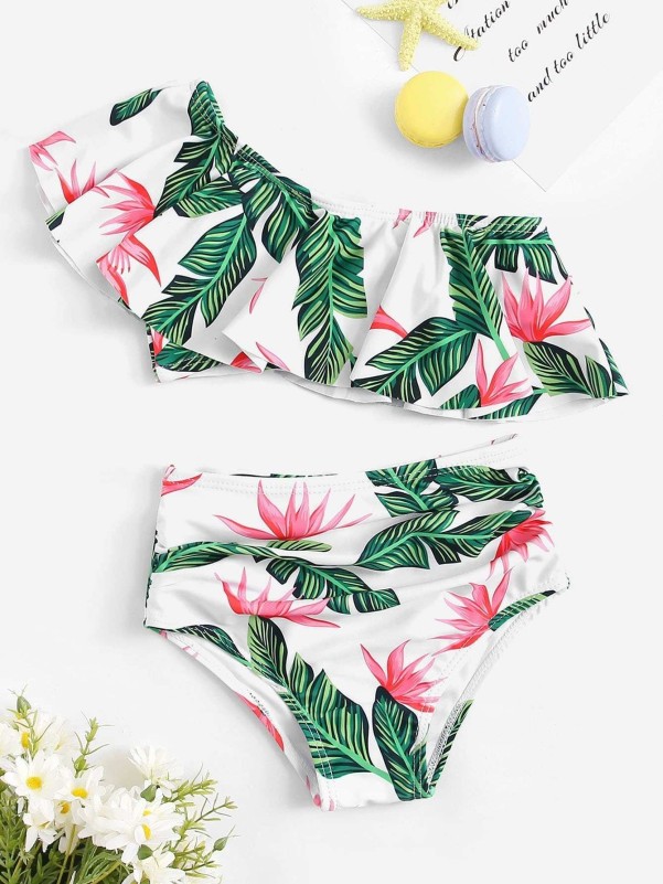 Toddler Girls Random Tropical One Shoulder Top With Ruched Bikini