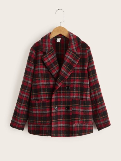 SHEIN Boys Plaid Print Lapel Neck Dual Pocket Double Breasted Coat