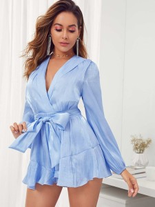 Solid Ruffle Hem Belted Satin Romper