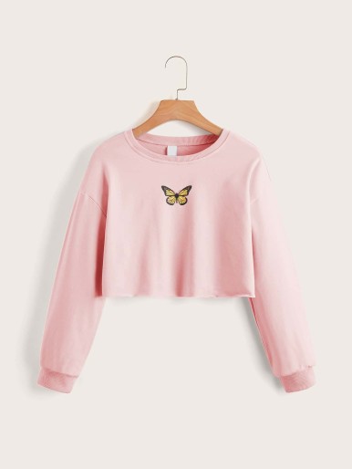 SHEIN Teen Girls Butterfly Print Drop Shoulder Pullover