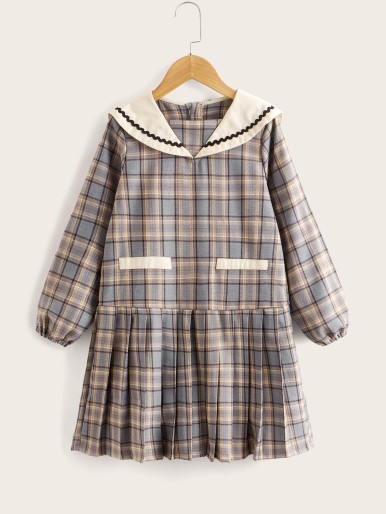 Girls Plaid Sailor Collar Pleated Hem Dress