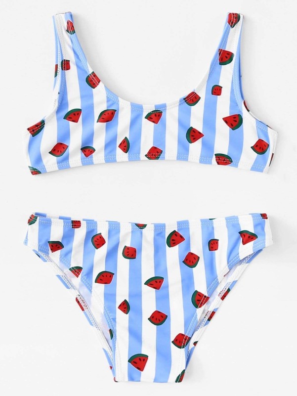 Toddler Girls Watermelon Print Striped Bikini Set