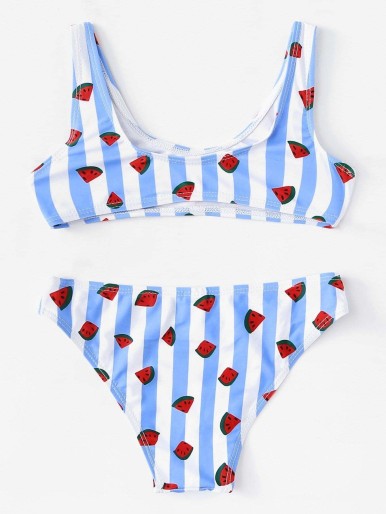 Toddler Girls Watermelon Print Striped Bikini Set