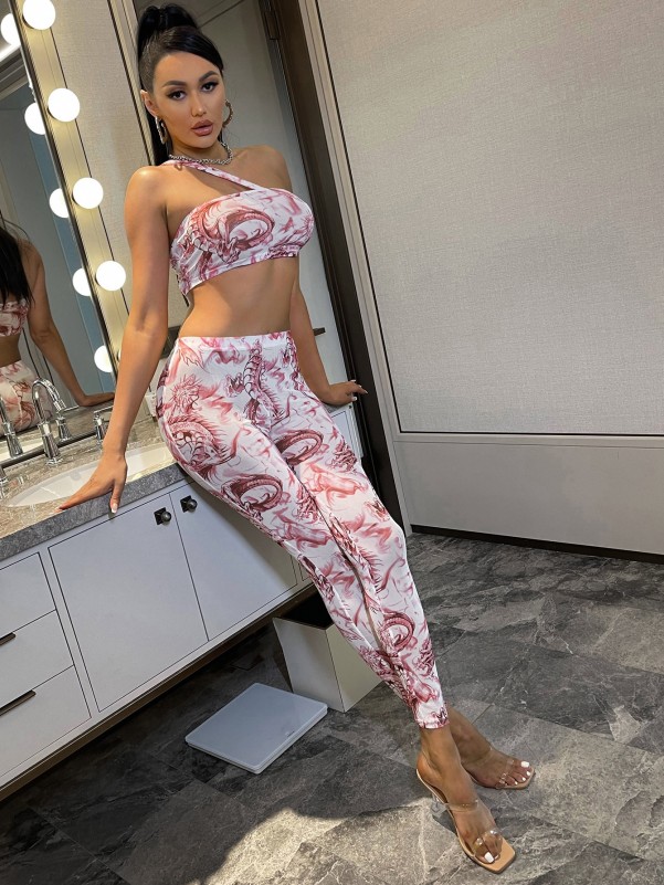 SHEIN Chinese Dragon Print One Shoulder Crop Mesh Top & Leggings