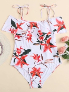 Plus Flower Print Shoulder Tie One Piece Swimsuit