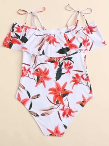 Plus Flower Print Shoulder Tie One Piece Swimsuit