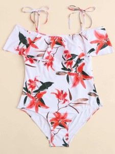 Plus Flower Print Shoulder Tie One Piece Swimsuit