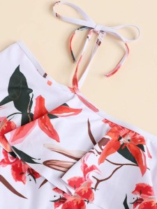 Plus Flower Print Shoulder Tie One Piece Swimsuit