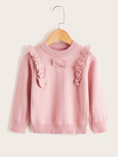 SHEIN Toddler Girls Frill Trim Bow Front Sweater