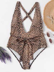 Plus Leopard Criss Cross Open Back One Piece Swim