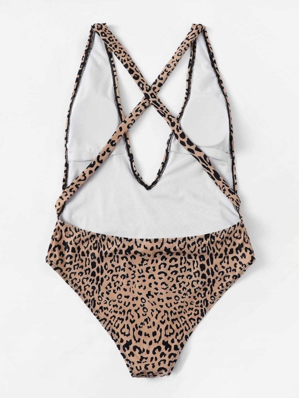 Plus Leopard Criss Cross Open Back One Piece Swim