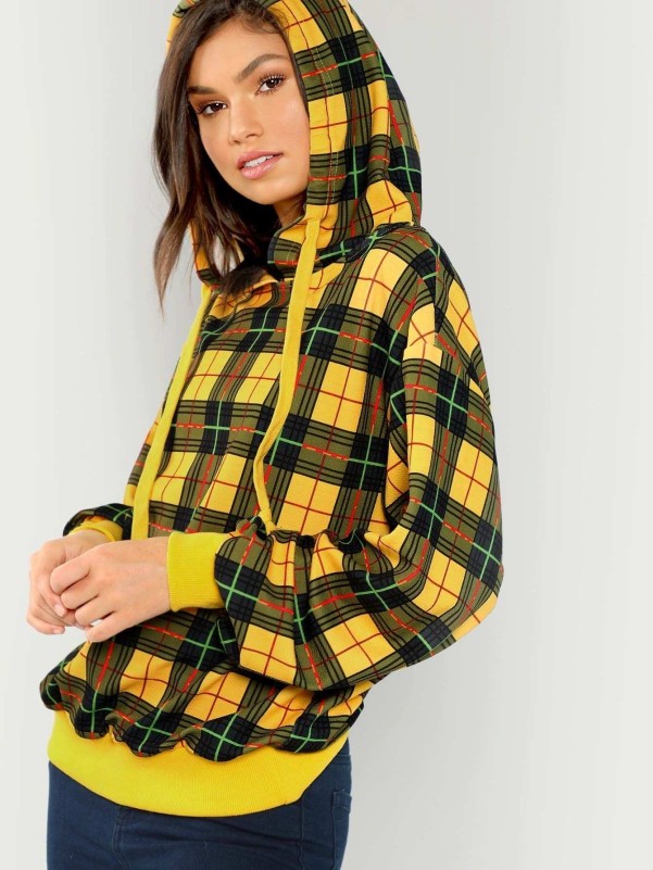 Drop Shoulder Tartan Hoodie